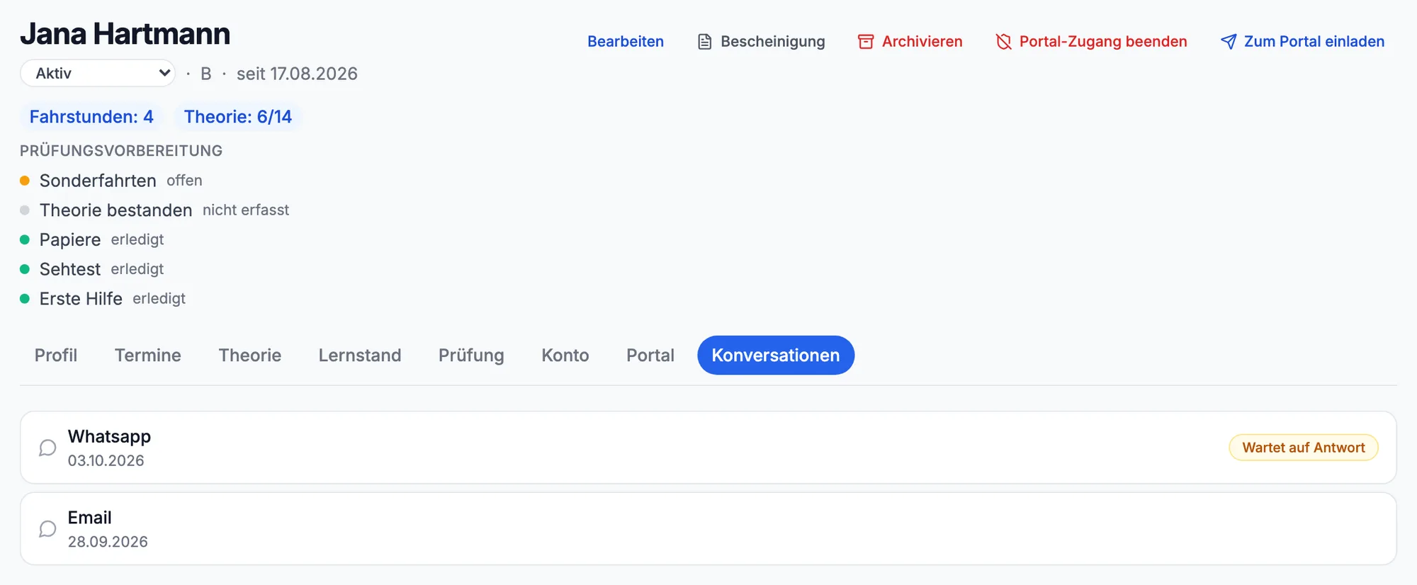 Der Reiter „Konversationen“ in der Akte eines Fahrschülers mit den bisherigen Gesprächen dieser Person