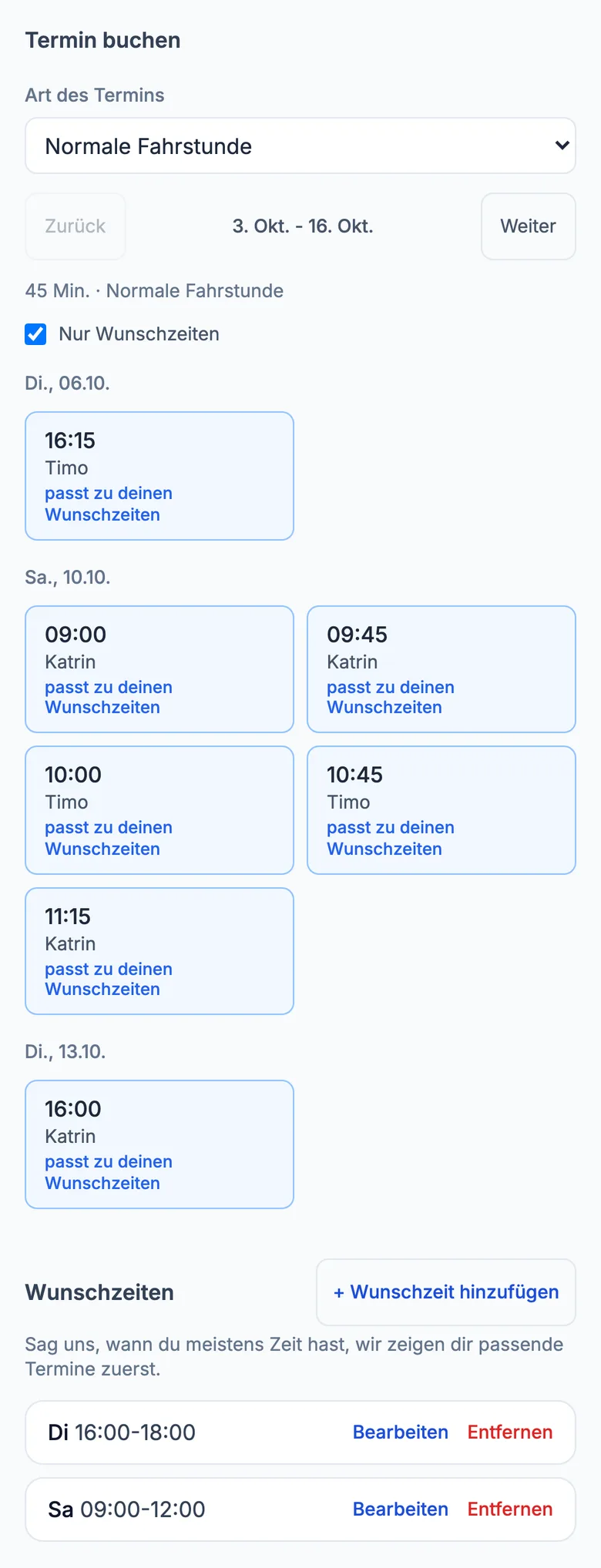 Handy-Ansicht „Termin buchen“ im Fahrschüler-Portal: freie Fahrstunden, passende Termine zuerst