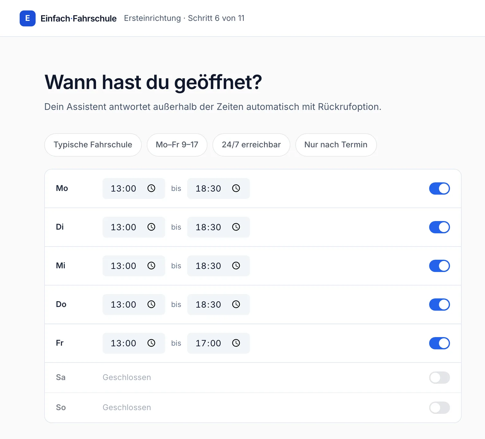 Einrichtung, Schritt Öffnungszeiten: die von der Website gelesenen Zeiten als Entwurf, je Wochentag ein Schalter