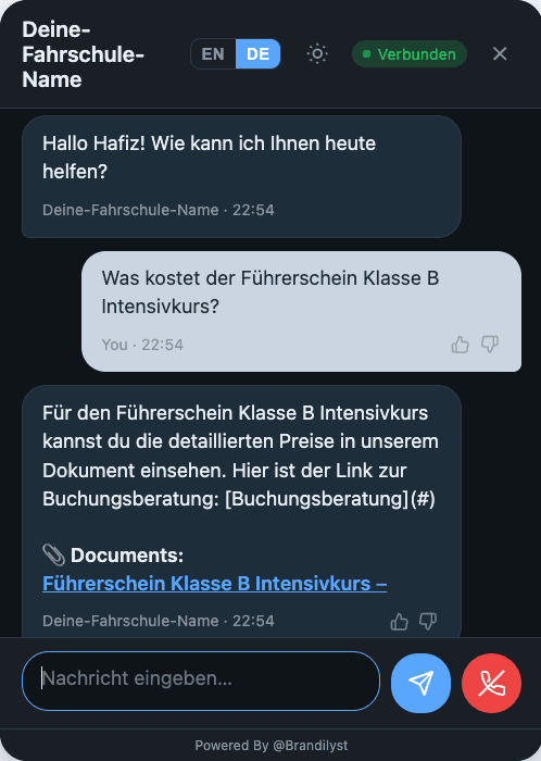 Chatbot beantwortet automatisch Preisfragen – Screenshot