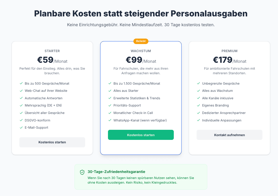 Preisübersicht – planbare monatliche Kosten für Fahrschulen